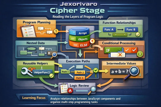 An educational infographic titled 'Jexorivaro Cipher Stage' explaining the layers of program logic in JavaScript. The diagram features a dark blue background with various colored boxes (orange, green, blue, brown) representing programming concepts like 'Program Planning', 'Nested Data', 'Function Relationships', 'Conditional Processing', 'Intermediate Values', and 'Execution Paths', connected by arrows.