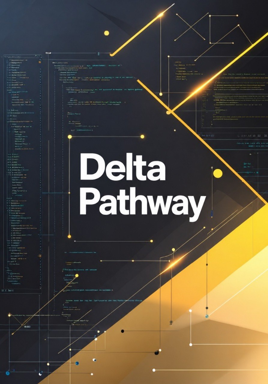 Digital cover graphic for a 'Delta Patway' featuring white text on a dark navy background with abstract yellow geometric lines, glowing light effects, and subtle code snippets.
