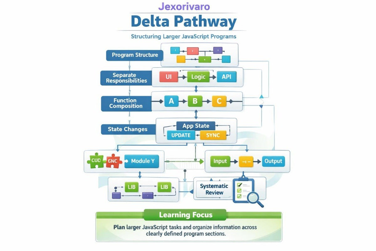 A flowchart titled 'Delta Pathway' with the Jexorivaro logo at the top, showing a structured JavaScript learning pathway with boxes, arrows, and colored blocks on a white background.