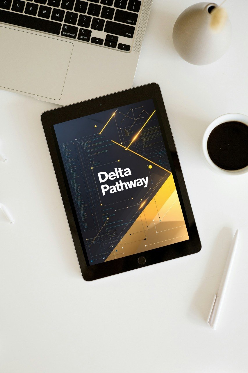 A tablet on a white desk displaying a digital cover titled 'Delta Pathway' with a dark blue and gold geometric design. The tablet is surrounded by a laptop, coffee cup, pen, and ceramic object in a styled flat-lay setting.