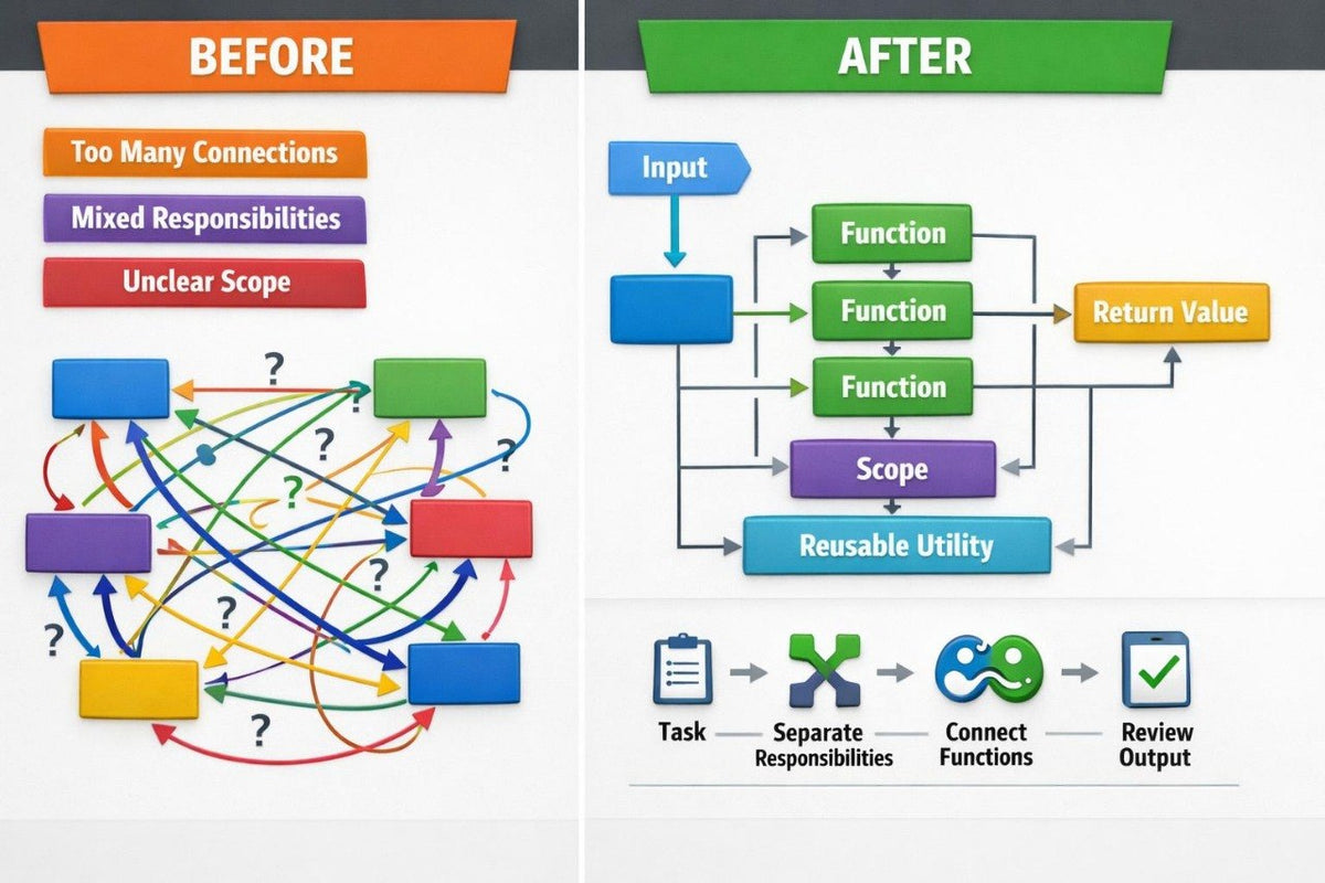 A before-and-after diagram comparing a messy, tangled code dependency map on the left labeled 'BEFORE' with a clean, organized flowchart on the right labeled 'AFTER'. The left side shows multiple colored boxes and arrows with question marks, while the right side shows a streamlined workflow with labeled boxes such as 'Input', 'Function', 'Scope', 'Reusable Utility', and 'Task'.