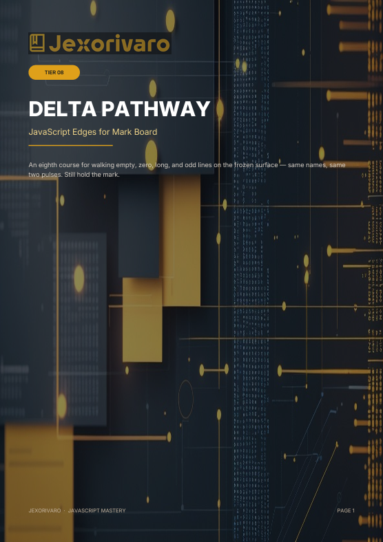 A digital cover page for a course titled 'DELTA PATHWAY' with subtitle 'JavaScript Edges for Mark Board'. The design features a dark navy and black background with glowing yellow-gold circuit board lines, text, and geometric shapes.