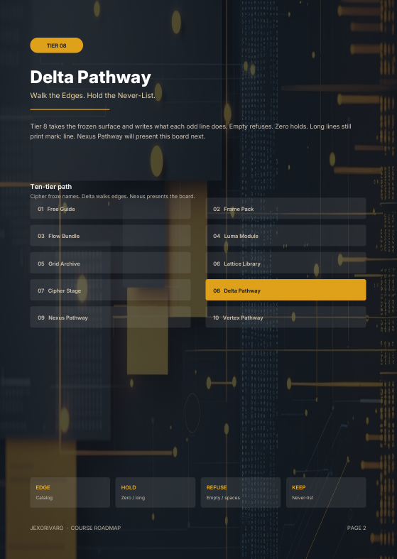 A digital slide or board preview for a course roadmap titled 'Delta Pathway' with text, colored labels, and a dark blue background with subtle grid and line graphics.