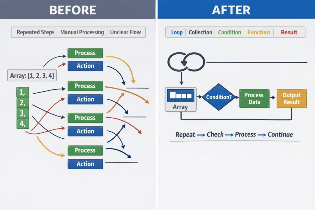 A side-by-side educational flowchart comparing a 'Before' state with an 'After' state of processing. The left 'Before' column shows an array [1, 2, 3, 4] with multiple green and blue process/action boxes connected by messy, intersecting curved arrows.