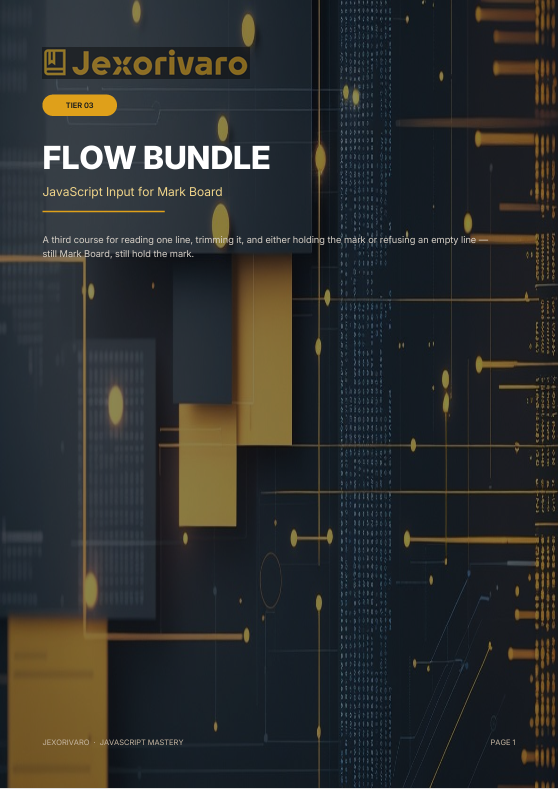 A digital cover page for a JavaScript input bundle titled 'FLOW BUNDLE' by Jexorivaro, featuring a dark abstract background with glowing yellow geometric blocks, binary code, and circuit-like line details.