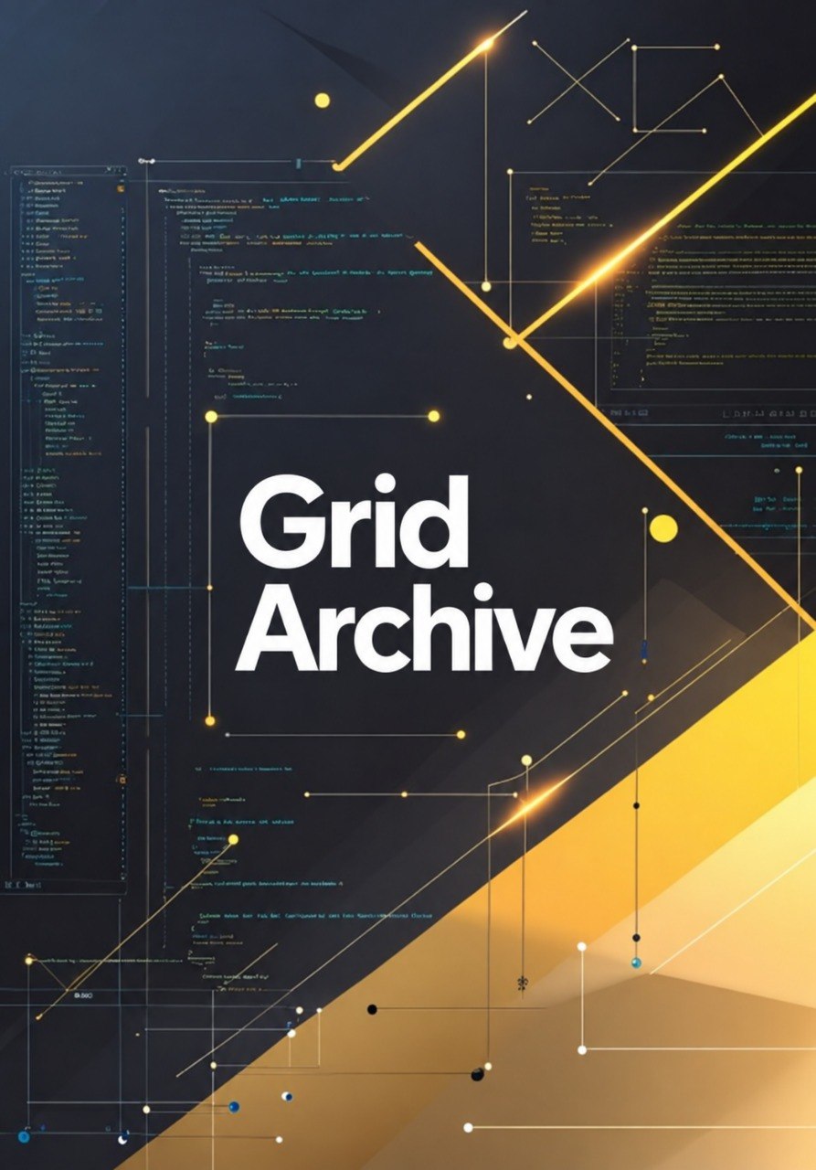 A digital graphic with the words 'Grid Archive' in large white text over a dark navy background filled with glowing yellow code lines and geometric grid patterns.