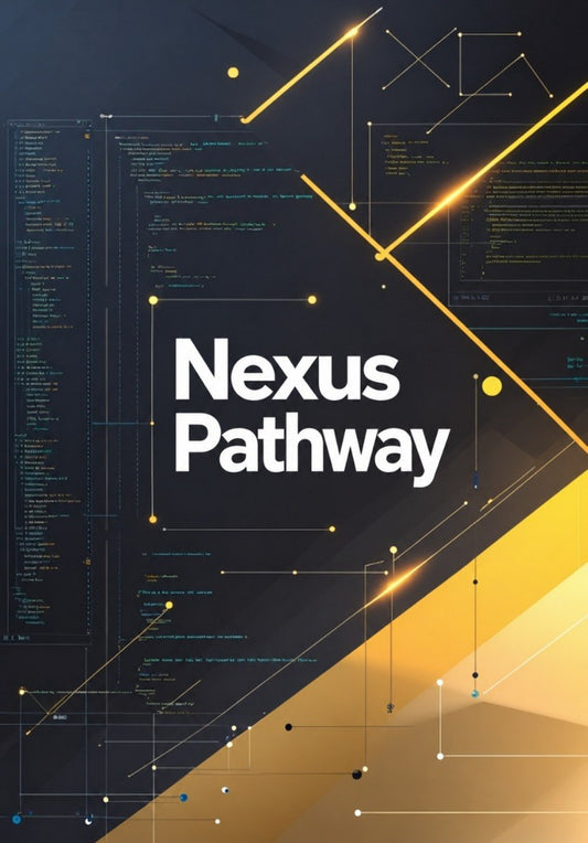 A digital graphic with the words 'Nexus Pathway' in large white text over a dark navy and black background filled with glowing yellow code lines and geometric design elements.