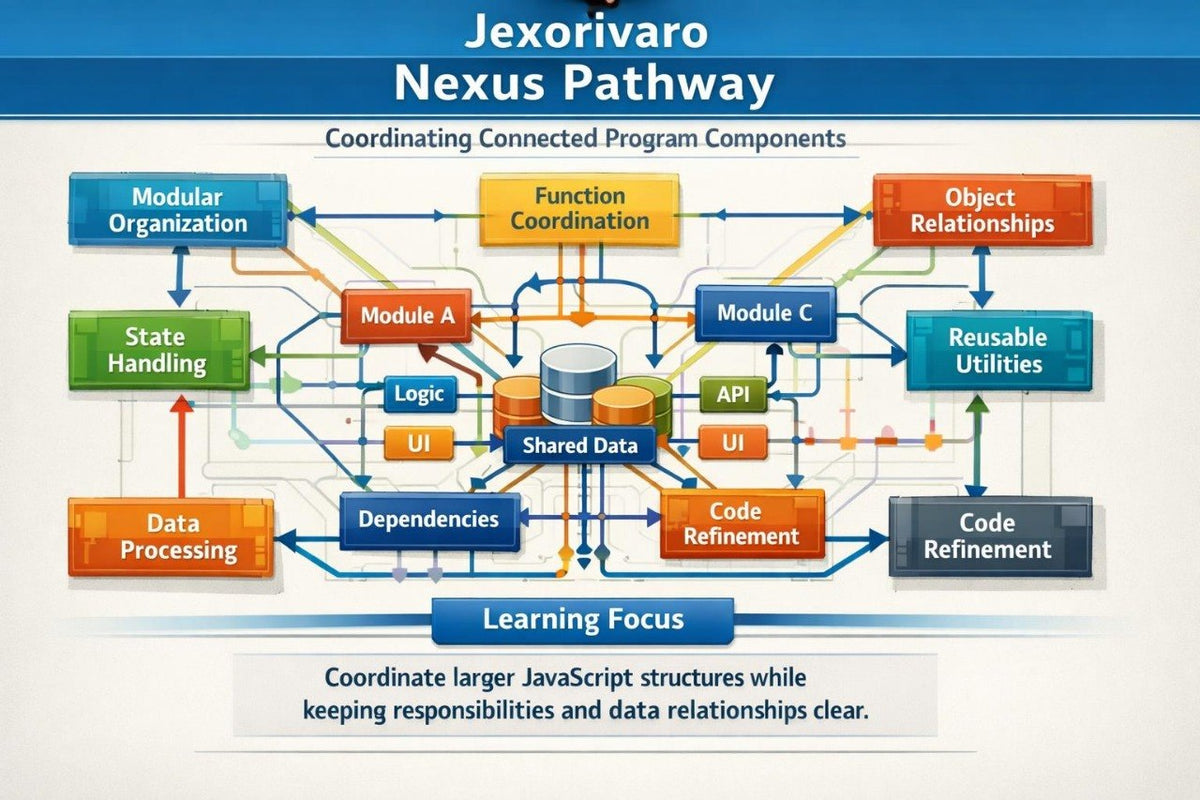 A diagram titled 'Jexorivaro Nexus Pathway' showing a software architecture flowchart with labeled boxes such as Module A, Module C, UI, API, Code Refinement, Data Processing, and Learning Focus, connected by arrows on a light background.