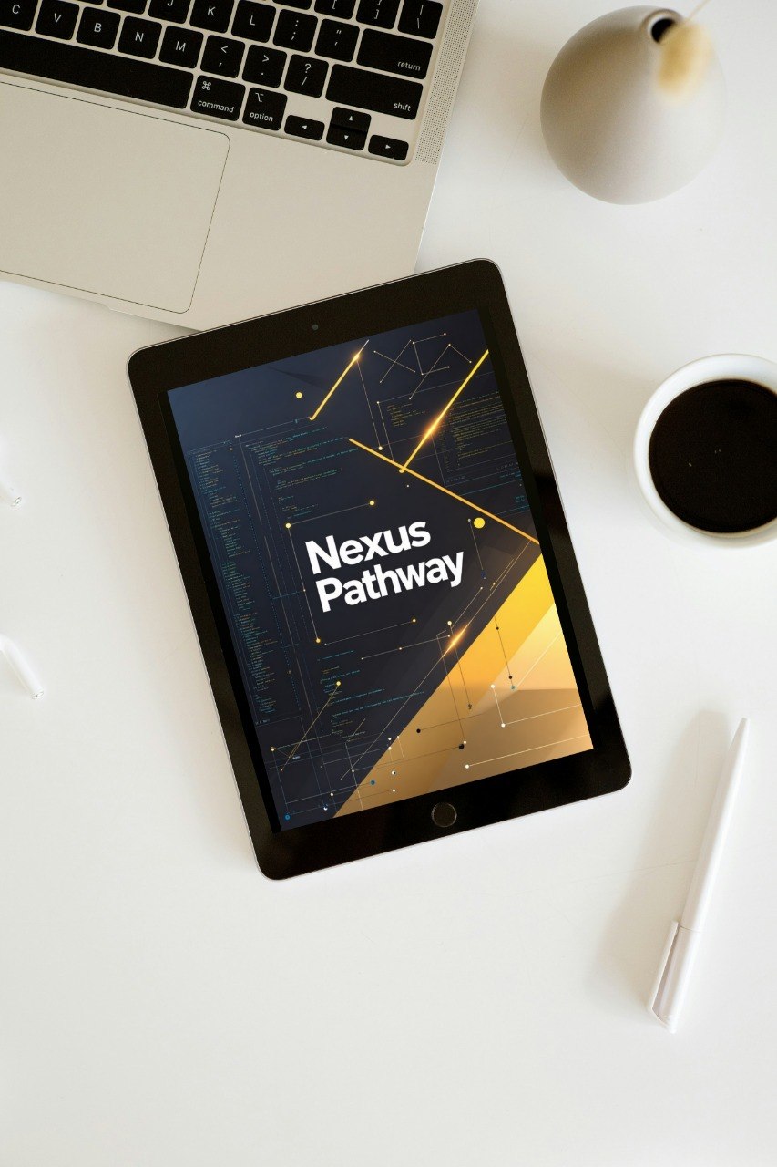 A tablet lying on a white desk, displaying the text 'Nexus Pathway' over a dark abstract graphic with gold lines. Surrounding props include part of a laptop, a cup of coffee, a white pen, and a small vase.