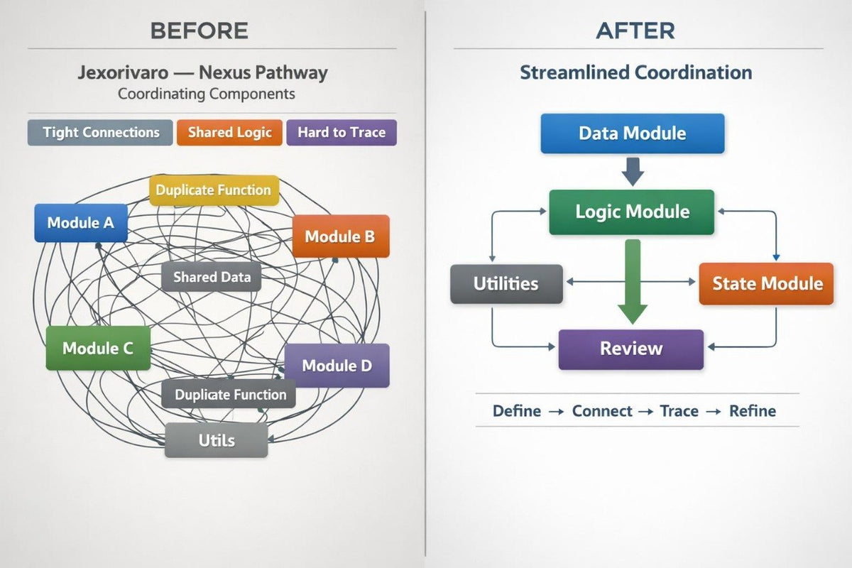 A comparison infographic titled 'Before' and 'After' showing the Jexorivaro Nexus Pathway. The left 'Before' section displays a complex web of interconnected modules (Module A, B, C, D, Utils) with tangled lines, while the right 'After' section shows a streamlined, linear flow diagram with colored boxes for Data Module, Logic Module, State Module, and Review.